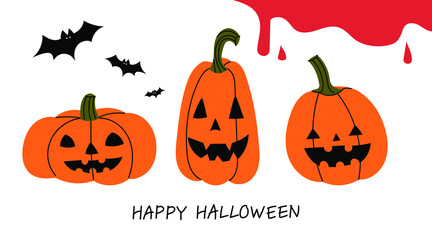 jack o' lantern. Funny Halloween pumpkin lantern and bats. Halloween decoration elements concept vector illustration.