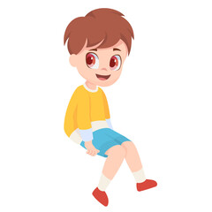 Boy sitting on white banner. Cartoon vector characters