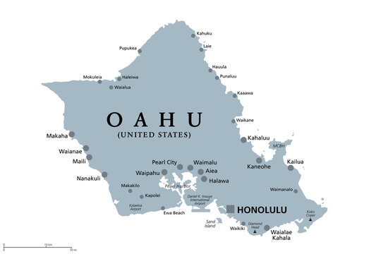 Oahu, Hawaii, gray political map with capital Honolulu. Part of Hawaiian Islands and Hawaii, a state of the United States in the North Pacific Ocean. Known as The Gathering Place. Illustration. Vector