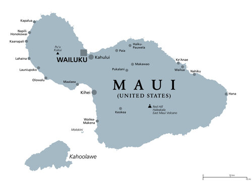 Maui, Hawaii, gray political map with capital Wailuku. Part of Hawaiian Islands and Hawaii, a state of the United States in North Pacific Ocean. With unpopulated island Kahoolawe. Illustration. Vector