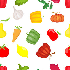 Set of vegetables flat cartoon vector seamless pattern, vegetarian food. Background for creating web design for cover.