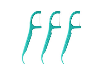 3 Green Dental Floss Picks (Plastic) isolated on a white background. Dental floss with handle, easy to use.