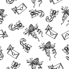 Seamless Christmas pattern,fir branch with a cone,letter,decoration on a white background.The doodle-style pattern can be used in textiles, packaging, and postcards.