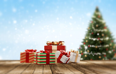 partially blurred festive christmas gifts on wooden floor 3d-illustration background