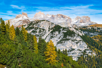 Autumn panorama on Monte Piana. View from the trenches to the three peaks of Lavaredo. Dolomites.