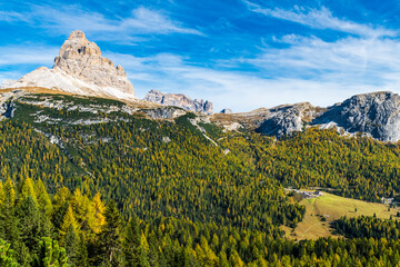 Autumn panorama on Monte Piana. View from the trenches to the three peaks of Lavaredo. Dolomites.