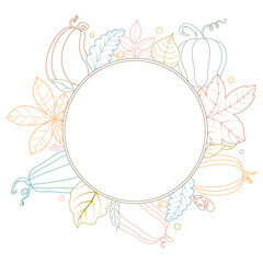 Autumn frame with cute hand drawn pumpkins and leaves. Fall season theme outline illustration. Round vector drawing, floral template for design greeting card, invitation, holiday flyer, advertising.