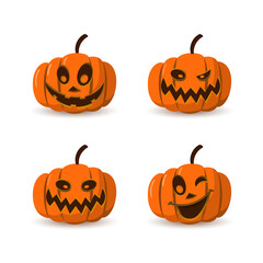 Halloween pumpkin icon 3D set. Autumn symbol. Cartoon horror design. Halloween scary pumpkin face, smile. Orange squash silhouette isolated white background. Harvest celebration Vector llustration