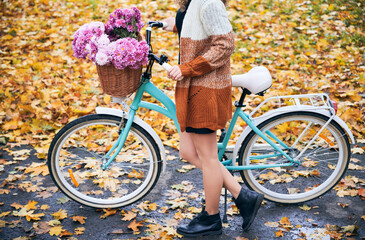 Side view of city retro women's bicycle with wicker brown basket filled pink flowers. Cropped girl keeping bike on asphalt trail on the background of glade, almost fully covered with fallen leaves.