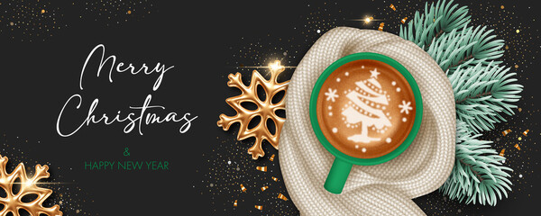 Coffee cup with warm knitted scarf and christmas tree branches. Background for greeting card, invitation or advertise