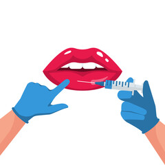 Injection for lips filling. Cosmetic lips. Woman cares for the skin. Doctor makes plastic face. Remove wrinkles. Vector design. Beauty, cosmetology, anti-aging. Female rejuvenating.