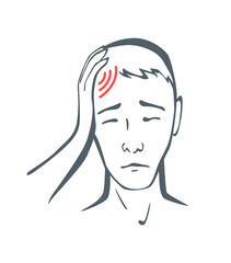 Body part pain. Man feels pain in head marked with red lines. Headache. Vector foci of pain or trauma symbols, grey art line illustration