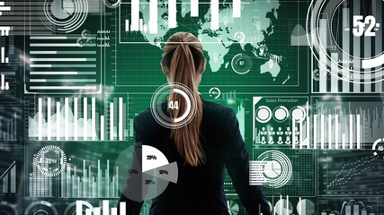 Big Data Technology for Business Finance Analytic conceptual . Modern graphic interface shows massive information of business sale report, profit chart and stock market trends analysis .