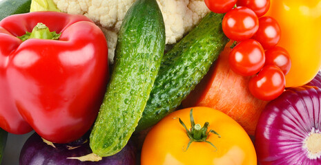 various vegetables. Colorful background. Wide photo.