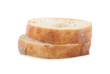 Slices of fresh baguette on white background