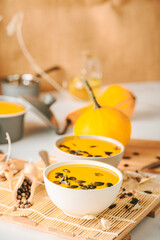 Pumpkin traditional soup with pumpkin seeds