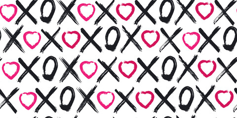 Grunge vector seamless pattern with XOXO hand written phrase, hearts isolated on white. Hugs and kisses sign. Modern ink calligraphy. Illustration design for Valentines Day, wedding invitation card