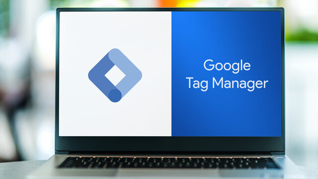 Laptop computer displaying logo of Google Tag Manager
