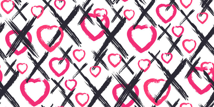 Grunge vector seamless pattern with XOXO hand written phrase, hearts isolated on white. Hugs and kisses sign. Modern ink calligraphy. Illustration design for Valentines Day, wedding invitation card