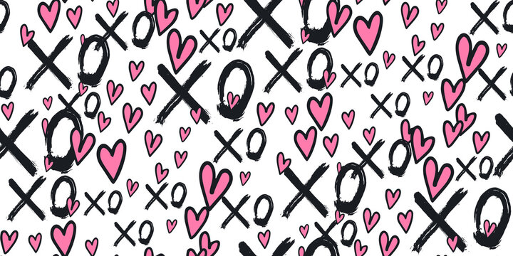 Grunge vector seamless pattern with XOXO hand written phrase, hearts isolated on white. Hugs and kisses sign. Modern ink calligraphy. Illustration design for Valentines Day, wedding invitation card