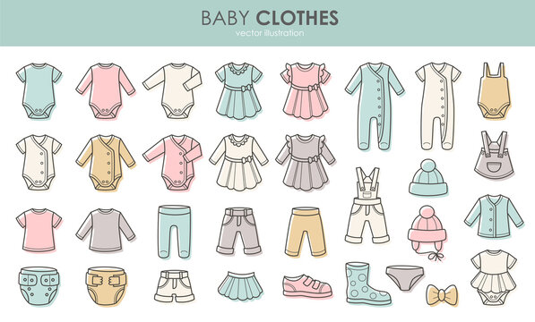 Newborn. Baby clothes icons set. Clothing for boy and girl. Isolated vector illustration on white background.