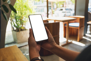 Mockup image of a woman holding mobile phone with blank white desktop screen