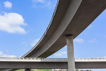 Highway Road Vehicle Concrete Ramp Overpass Section Close  Upward Blue Sky.