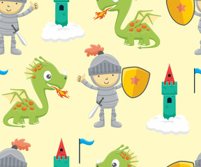 Seamless pattern vector of knight cartoon holding shield with funny dragon and castle on cloud