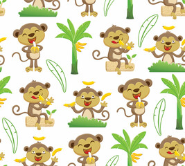 Obraz premium Seamless pattern vector of monkey cartoon illustration with banana tree