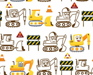 Seamless pattern vector of funny construction vehicles cartoon with construction signs © Bhonard21