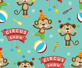 Seamless pattern vector of monkey cartoon in circus show with circus elements