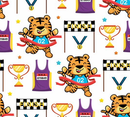 Seamless pattern vector of tiger cartoon winning running race with running sport elements