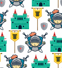 Seamless pattern vector of knight cartoon with medieval elements