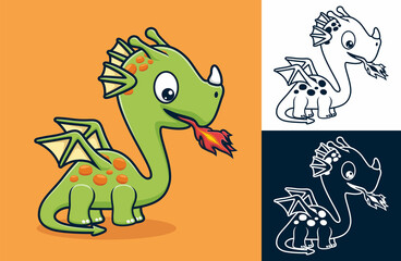 Little dragon spray fire from its mouth. Vector cartoon illustration in flat icon style