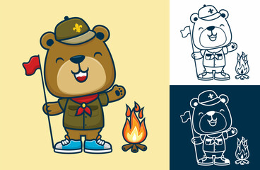 Funny bear cartoon in scout uniform while holding flag with bonfire - obrazy, fototapety, plakaty