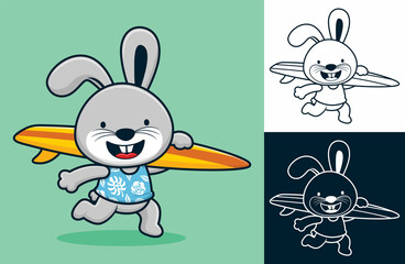 Funny rabbit running while carrying surfboard. Vector cartoon illustration in flat icon style