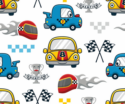 Seamless pattern vector of funny racing car cartoon with racing elements