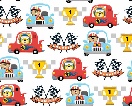 Seamless pattern vector of car racing cartoon elements with animals driver