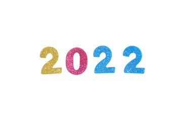 New year 2022 gold, pink, blue glitter numbers isolated on white. For Christmas cards, winter holiday celebrations, party flyers.