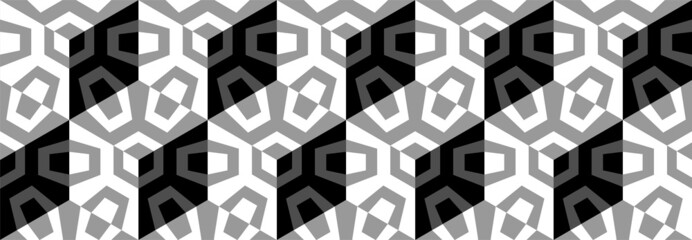 Seamless vector 3D pattern with optical illusions. Cubes. Op Art. Endless template for fabric or wrapping. Modern textile. Psychedelic geometric design. Black and white background. Wallpapers. 3D Tile