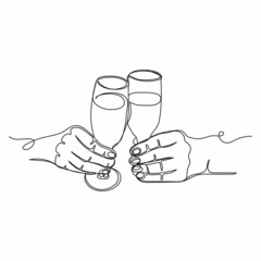 Continuous one line drawing of hands holding champagne glasses christmas new year concept in silhouette on a white background. Linear stylized.