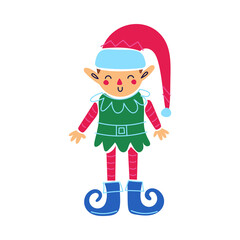 Happy cute character elf. Merry Christmas, Happy New Year cartoon festive illustration gnome isolated on white. Vector