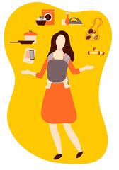 Busy woman with baby in carrier juggling tasks. Life and work balance.