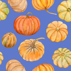 Watercolor pumpkins fall seamless pattern. It is perfect for thanksgiving cards or posters