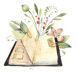 Travelbook Nature. Notebook and twigs, leaves, flowers. Cheerful mood! Set of trevelbook. Watercolor hand drawn illustration	