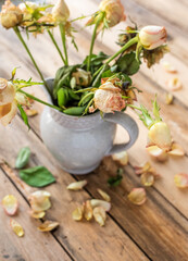 Obraz na płótnie Canvas Blumenstrauss aus vertrockneten Rosen in Keramik Krug