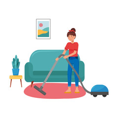Young woman cleaning home with manual vacuum cleaner