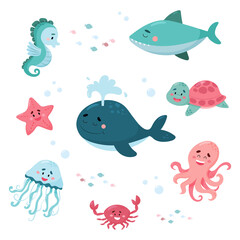 Naklejka na ściany i meble Sea animals vector set. Idea for postcards, invitation, poster for kids, baby wear.
