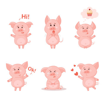 Set of Cute Pigs. Collection of funny pig emoticon characters in different emotions.