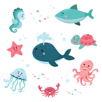 Sea animals vector set. Idea for postcards, invitation, poster for kids, baby wear.